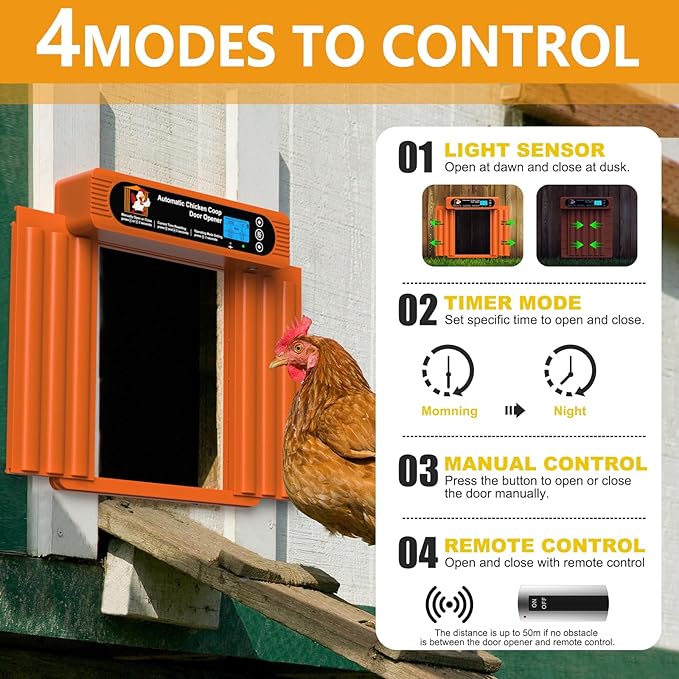 Automatic Chicken Coop Door Solar Powered, Extra Large Size, Anti-Pinch Design, Battery Powered Auto Chicken Door with Timer & Light Sensor, Solar Chiken Coop Door with Remote Control (50-100M)