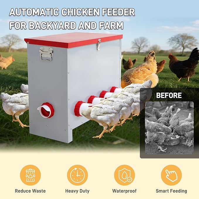 Large 85LB Automatic Chicken Feeder No Waste, Rat Proof Metal Poultry Feeder with 10 Feeding Ports, Rust-Proof Galvanized Steel Auto Chicken Feeder with Locking Lid for Chickens, Geese, Duck & Poultry