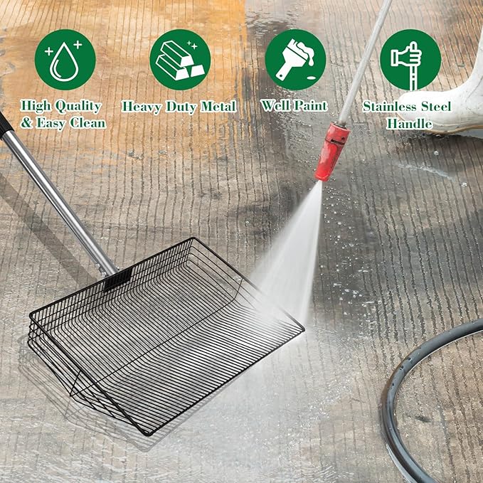 15-inch Chicken Poop Scooper with Ergonomic Grip, Adjustable 24"-63" Handle, 4-in-1 Multifunctional Litter Scoop for Chicken Coop, Goat Stall, Stable, and Pet Waste Cleanup
