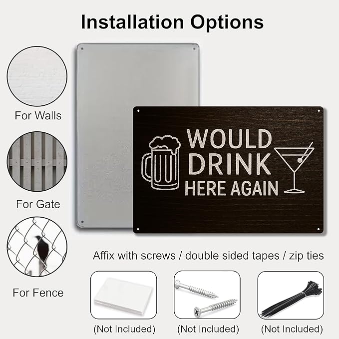 Cool Bar Signs for Home Bar, Metal Man Cave "Would Drink Here Again" Sign, Vintage Beer Wall Decor for Basement, Garage, Outdoor, Alcohol Gifts for Men - 12x8 Inches