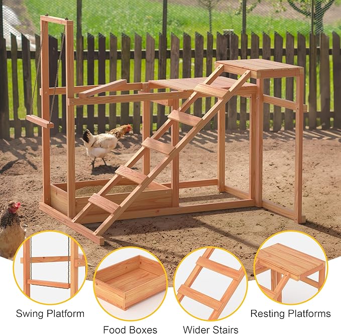 Chicken Coop, Chicken Perches with Swing Toy & Ladder & Platforms & Food Storage, Poultry Coop Cage Accessory Toy Outdoor for Entertainment Backyard Farm