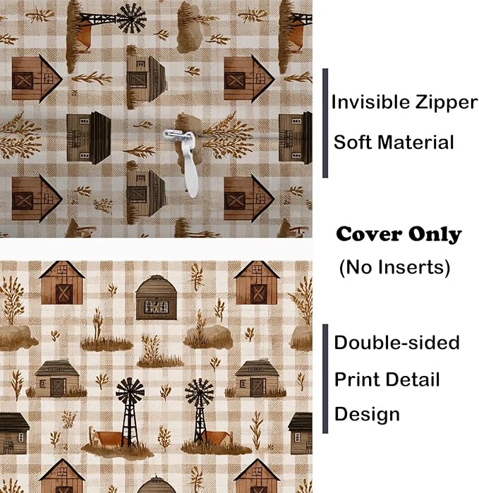 Barn Gingham Farmhouse Throw Pillow Covers 18x18 Inch, Set of 2 | Country Rustic Square Cushion Cases for Couch Sofa Living Room | Neutral Beige Home Decor, Decorative Pillowcases