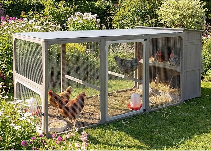 Large Chicken Coop with Run and Waterproof Cover, 92.5" Wooden Outdoor Hen House with 6 Nesting Boxes and Roosting Bars, Expandable Poultry Cage for 4–6 Chickens, Ducks or Rabbits, Backyard Farm Use