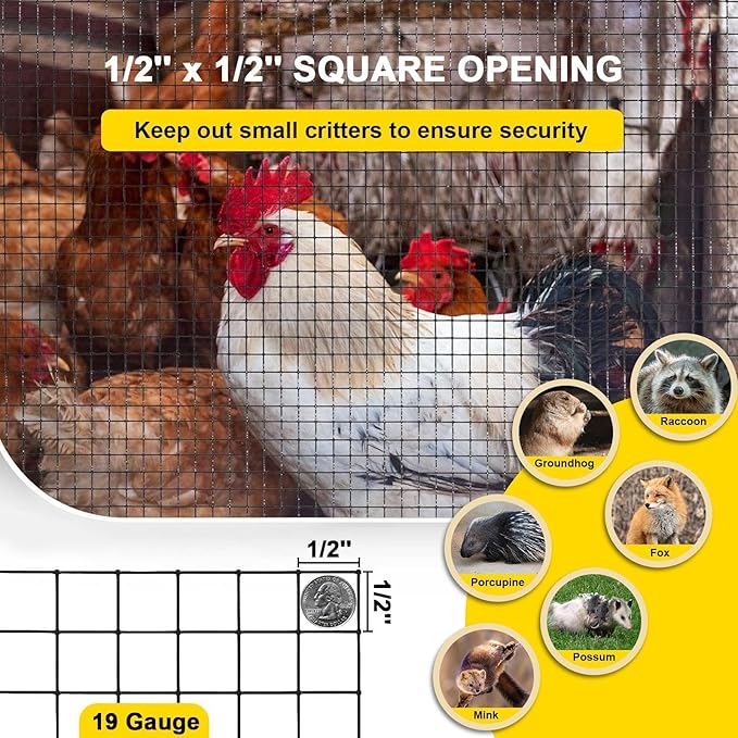 Black Hardware Cloth 4'' x 10' PVC Steel Vinyl Coated 1/2 inch Galvanized Wire Mesh Roll (19 GA) Chicken Wire Fence Roll, for coop Fences,Screen mesh, Rabbit/Snake Fences, Poultry enclosures, etc.