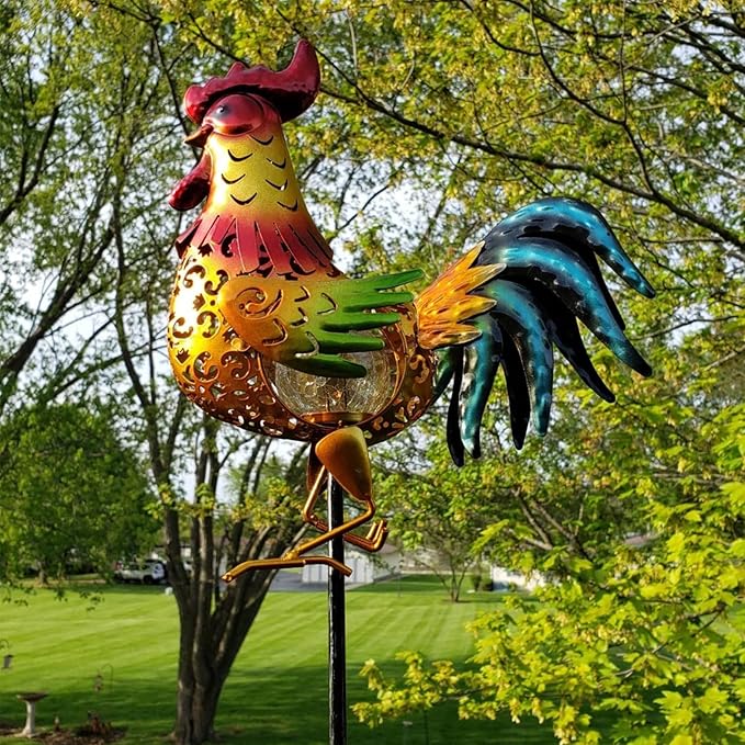 Tryme Rooster Solar Lights Outdoor Decorative Garden Statue Gifts for Chicken Lovers Women Mother Metal Yard Art for Lawn