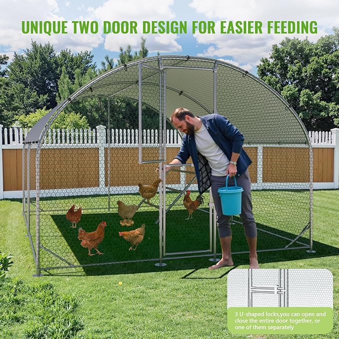 Large Metal Chicken Coop, 10x13x6.5FT Chicken Runs for Yard with Cover and Roosting Perch, Split Doors Walk in Chicken Coop