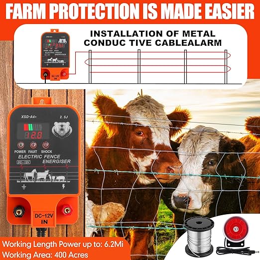 2.5j Electric Fence Charger with Digital Display & Alarm, Ac Dc 2 in 1 Power, 12v Input 8kv/12kv Output, 50 Black Electric Fence Insulator, 1 Socket Tool, 250ft Aluminum Wire Animal Control
