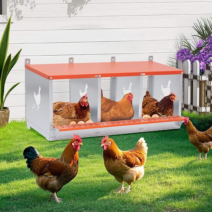 Chicken Nesting Boxes, 3 Rooms Hens Nest Box, Metal Poultry Nest Box Wall Mount for Chickens Egg Laying Box Collection Vented Holes Chicken Coop Cages Equipment, Orange (3 Rooms)