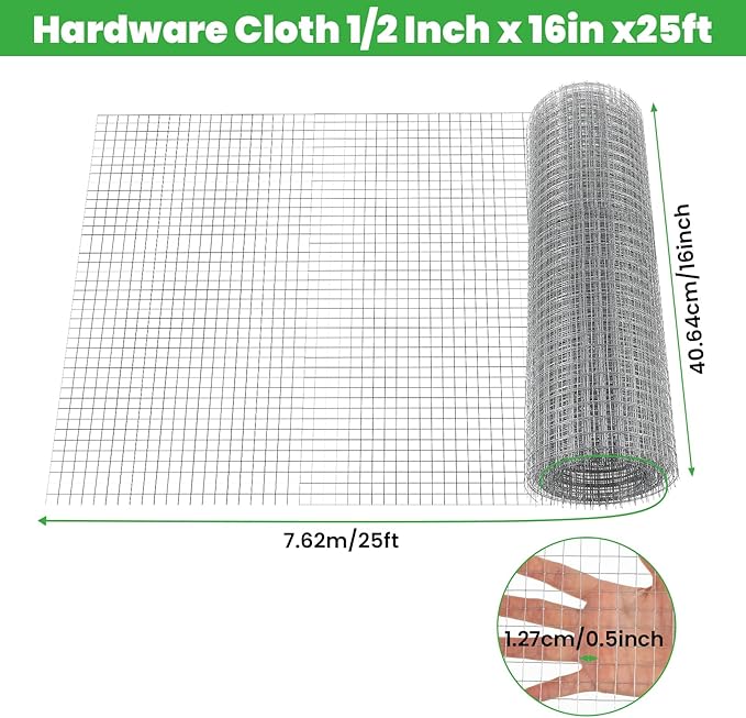 Hardware Cloth 1/2 Inch, 16 in X 25 Ft 23 Gauge Chicken Wire Roll Wire Fence Galvanized Chicken Fence Garden Plant Welded Metal Fences for Rabbit, Snake Cages and Garden Plants-Silver