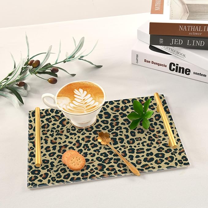Bathroom Vanity Tray Counter Organizer, Leopard Decor Decorative Tray with Handles Countertop Storage for Bathroom Bedroom Kitchen Home Farmhouse