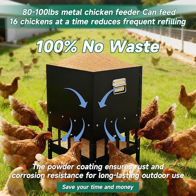 80-100LBS Large Chicken Feeder No Waste 16-Ports Automatic with Magnetic Baffle to Prevent Rodents and Mice Large Poultry Feeder Adjustable Height Suitable for All Poultry, Weatherproof