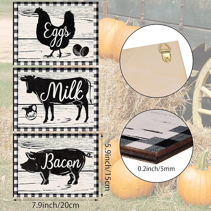 Jetec 3 Pieces Farmhouse Kitchen Decor Wooden Pig Cow chicken Signs Rustic buffalo plaid wall art farm animal Plaque for Kitchen Home Wall Decorations, 7.9 x 5.9 Inch