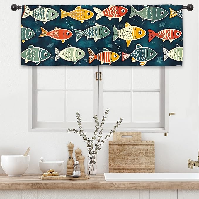 Colorful Fish Kitchen Curtain Valance 54W x 18L Inch Vibrant Funny Vintage Retro Rod Pocket Short Cafe Small Window Treatment Drapes Decor
