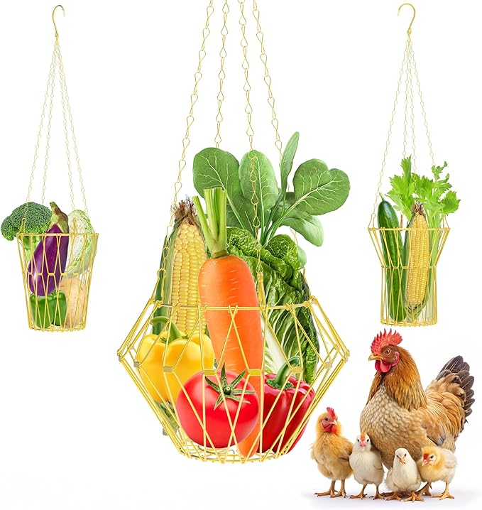 Hanging Chicken Feeder, Foldable Chicken Vegetable Feeder, Golden Poultry Fruits Feeding Holder Basket with Hanging Chain, Veggie Treat Ball Toys Cage for Chicken Hen Coop Accessories