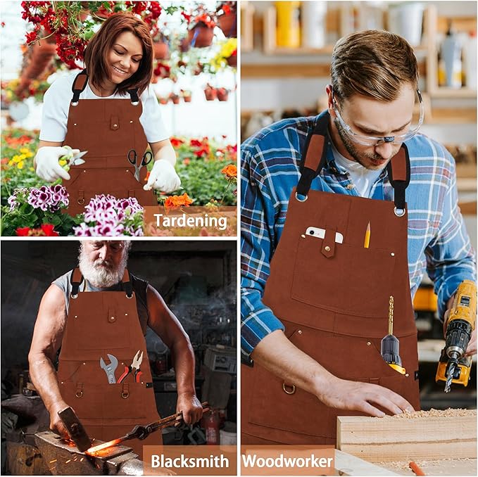 Heavy Duty Woodworking Apron for Men, Welding Apron with 6 Tool Pockets, Heat-Resistant Workshop Apron for Gardening, Carpenters, Blacksmiths, Grilling