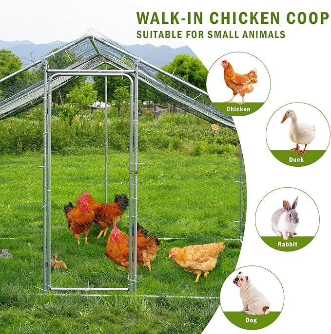 Large Metal Chicken Coop, Outdoor Metal Chicken Run with Waterproof and Anti-Ultraviolet Cover for 10-20 Chickens, Walk-in Poultry Cage for Chicken, Duck, Rabbit, Dog (9.84'×9.84'×6.46')