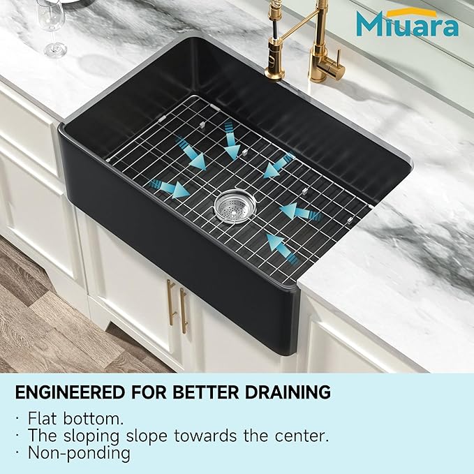 Miuara Black Farmhouse Sink 30 Inch - Apron Front Undermount Kitchen Sink 30"x20"x10", Farm House Style Deep Single Bowl, Heavy Duty Solid Fireclay, Matte Black, for Kitchen