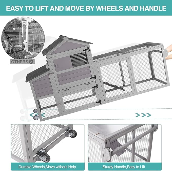 Chicken Coop for 2-4 Chickens, Mobile Chicken House for Outdoor with Wheels, Nesting Box, Leakproof Pull-on Tray and UV-Resistant Roof Panel, Wooden Chicken Coop for Duck