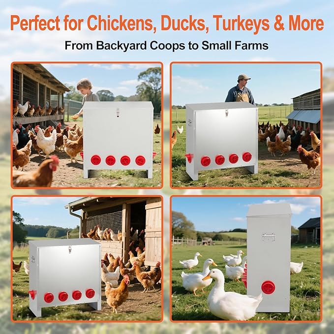 Large Automatic Chicken Feeder 85-120lbs, Galvanized Metal Chicken Food Dispenser, Rainproof & Rodent Proof No Waste Poultry Feeder for Backyard Coop, Farm, Ducks & Hens (10 Ports)