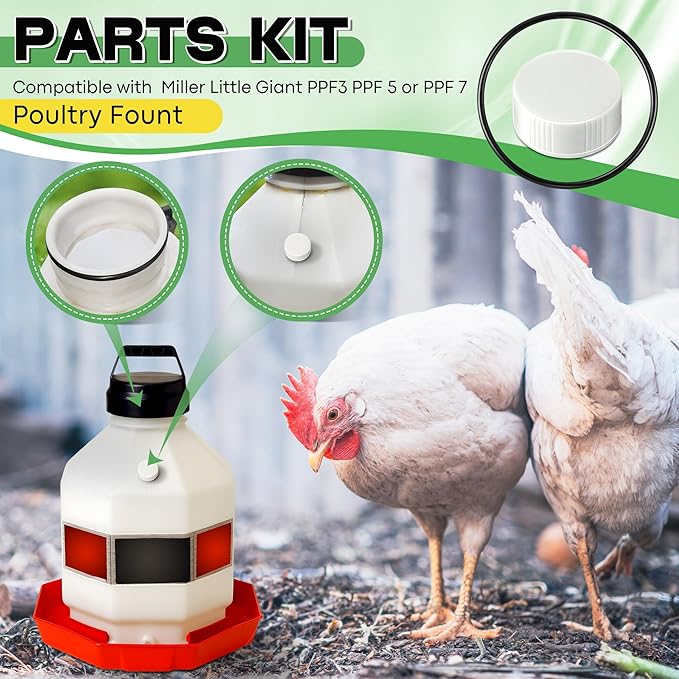 Poultry Fountain Renewal Waterer Parts, 10 Replacement Caps & 4 O Rings, Compatible with Miller PPF3/PPF5/PPF7 & Compatible with Farm-Tuff 3/5/7 Gallon Poultry Founts(White)