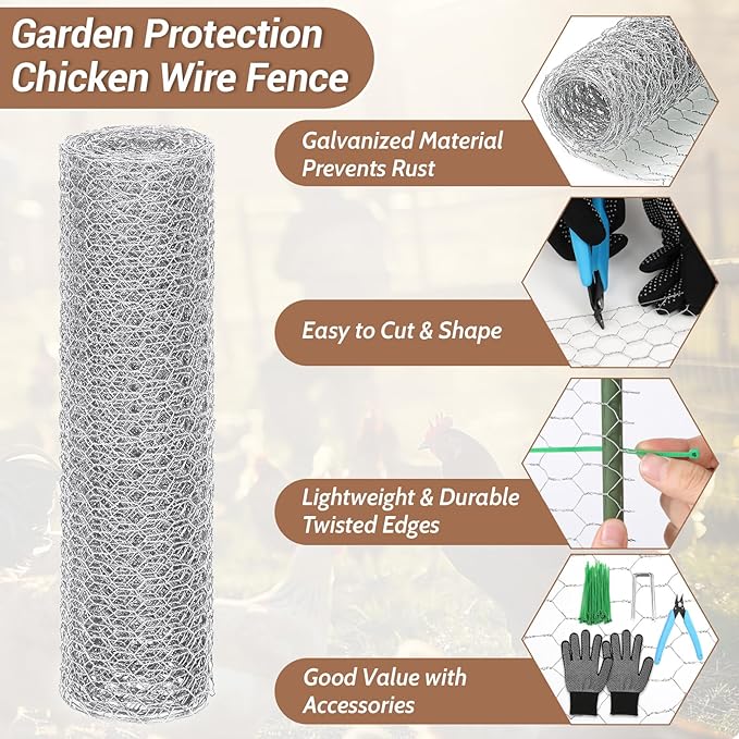 Floral Chicken Wire for Craft, 15.7 Inch x 10 FT Lightweight Galvanized Hexagonal Chicken Wire Netting, Silver Chicken Wire Fence for Garden Poultry Chicken Wire Mesh with Gloves, Wire Ties, Plier