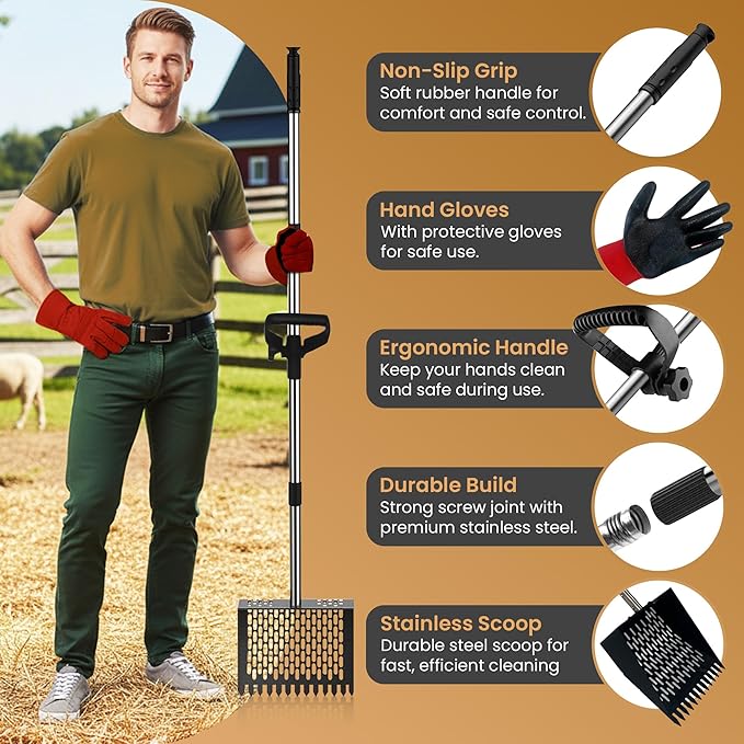 Chicken Poop Scooper & Rake 2-in-1,Metal Coop Shovel 10 inches Sand Sifting Shovel, Chicken Coop Scooper, Adjustable Stainless Steel Handle (35" to 62"), Cleaning Tools for Chicken Coops