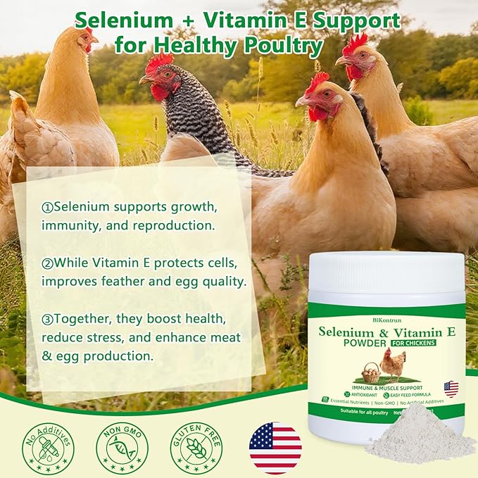 Selenium and Vitamin E Powder for Chickens, Selenium for Chickens, Immune System, Muscle Support & Prevents, Improve Wry Neck, Selenium, Vitamin E Supplements, Suitable for All Poultry, Chicken & More