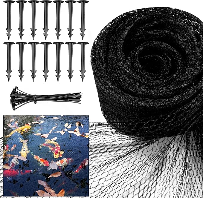 Pond Netting Cover for Leaves, 28 x 30 Koi Pond Net Cover, Durable & Sturdy Pond Netting for Koi Ponds, Protect Koi Fish Against Herons, Raccoons, Cats & Predators, 14pcs Stakes Included
