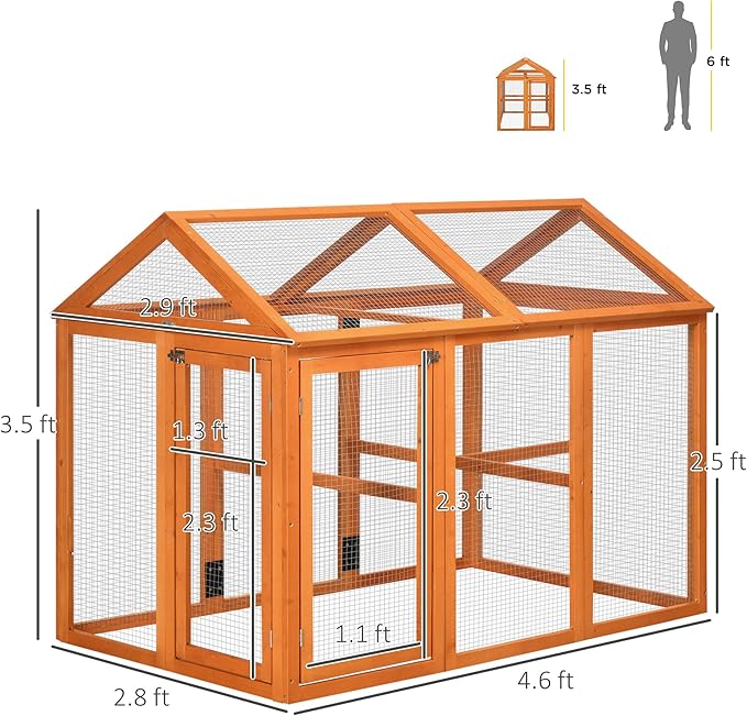 PawHut Chicken Run, Wooden Large Chicken Coop, Combinable Design with Perches & Doors for Outdoor, Backyard, Farm, 4.6' x 2.8', Orange