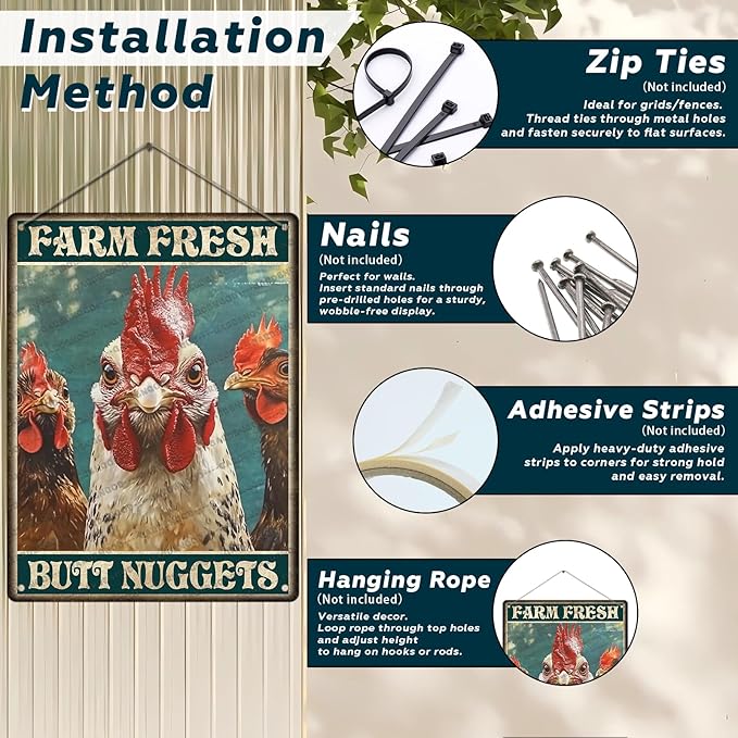 Rustic Metal Tin Sign Chicken Farm Fresh Butt Nuggets Wall Art Retro Plaque For Kitchen Bar Farmhouse Iron Painting 16x12 Inch