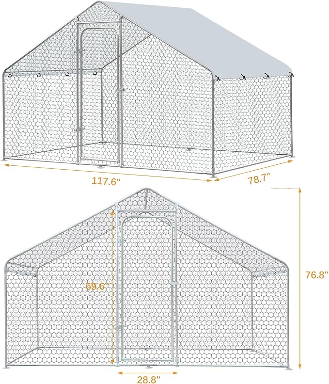 Large Metal Chicken Coop, Chicken Coop Run for 6/10 Chickens, Walk-in Chicken Runs for Yard with Anti-UV Cover, Spire Roof Hen House for Backyard, Duck Rabbit Cage Poultry Pen 6.6 x 9.8 x 6.5 ft