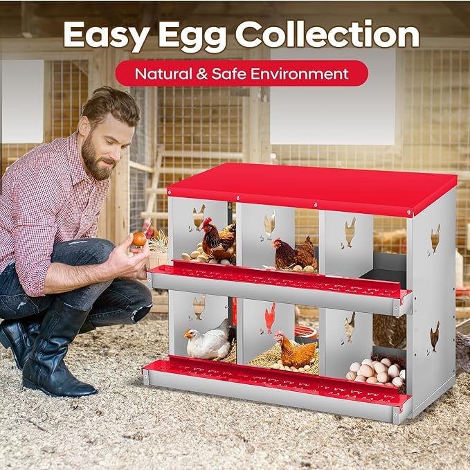 Nesting Boxes for Chickens, 6 Compartments, Nesting Boxes with 4 Dummy Eggs and 10 Dampproof Pets Mats, Red, Stainless Steel, Wall-Mountable & Roll Away Design