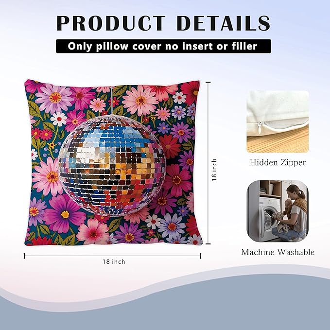 Funky Y2K Maximalist Floral Disco Ball Pillow Covers 18x18, Eclectic Home Decor, Trendy Retro 70s Colorful Flower Botanical Throw Pillow Covers for Home Girls Room Dorm Apartment