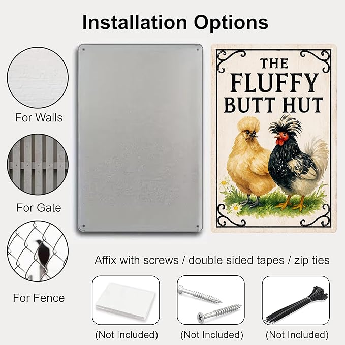 The Fluffy Butt Hut Sign -Funny Chicken Coop Signs for Home, Garden, Yard, Metal Chicken Decorations Outdoor, Farmhouse Wall Art Gifts for Women- 8x12 Inch