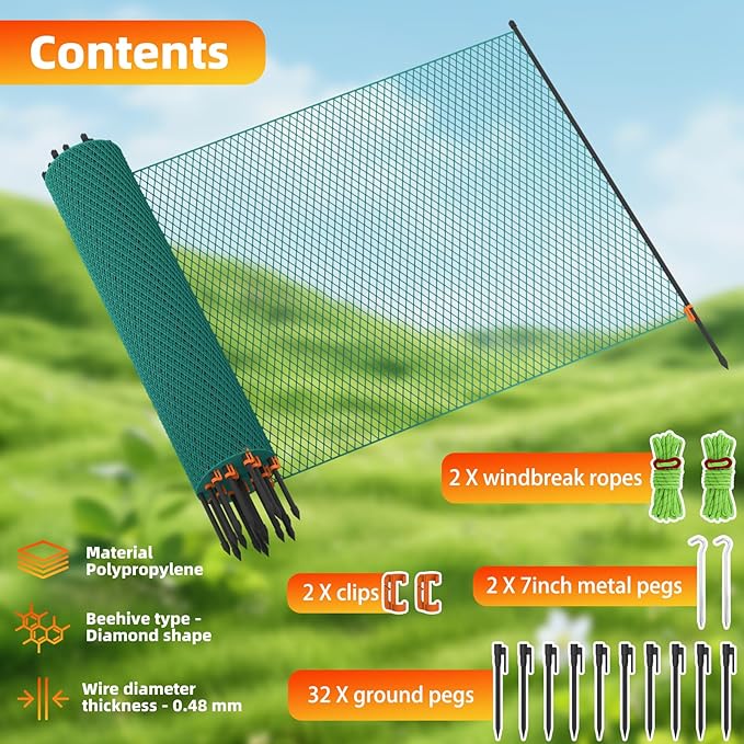 Temporary Garden Fence Kit with Garden Poles,3.1'H x 80'L Plastic Mesh,Windbreak Rope and Ground Stakes,Portable Poultry Fencing for Outdoor Animals,Snow Fence with Fencing Roll for Yards