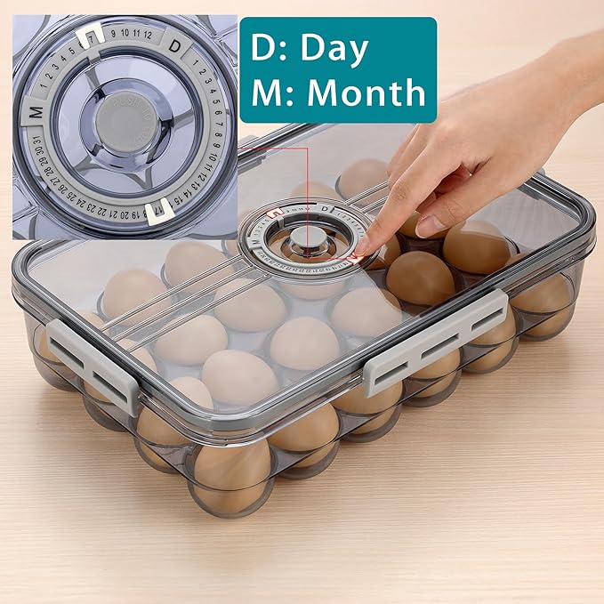 BTSKY Premium Plastic Egg Holder for Fridge - 24 Egg Refrigerator Container, Organizer with Time Reminder and Lid