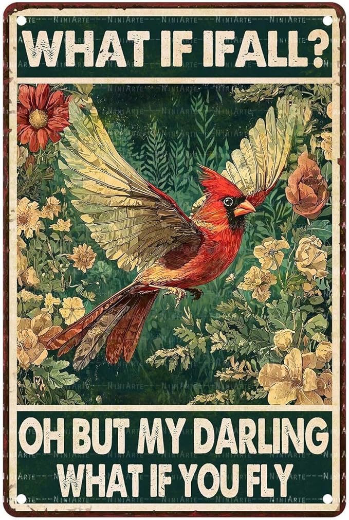 Red Bird Vintage Tin Sign What If I Fall Metal Tin Sign for Home Bedroom 8X12Inch