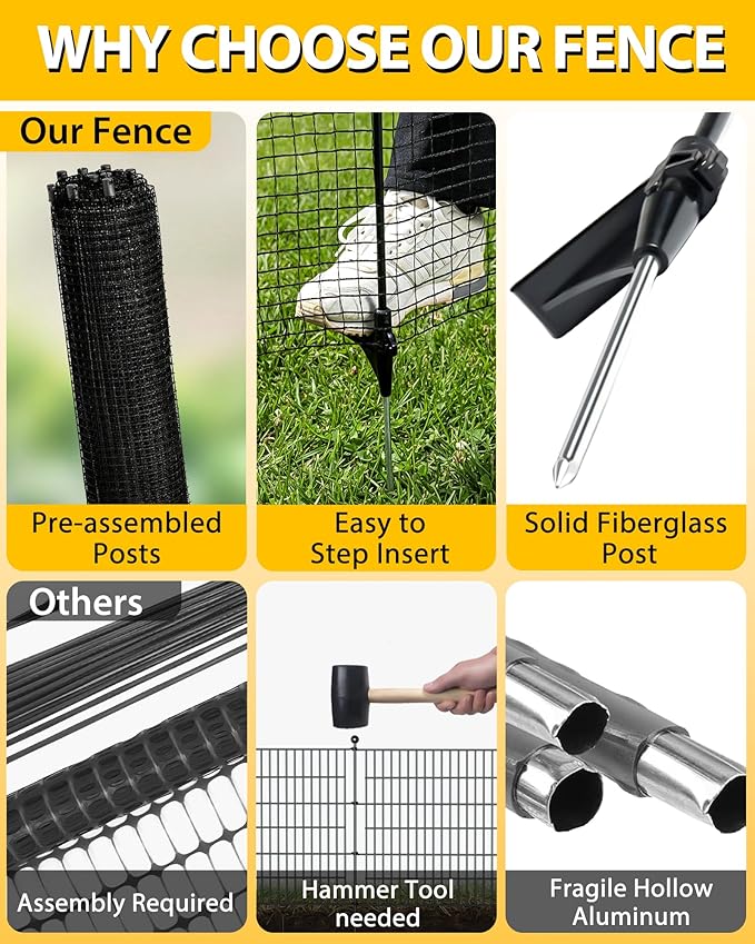 Temporary Fence with Posts, 4'x82' Plastic Fencing Garden Fence Animals Barrier with Fiberglass Stake Windbreak Rope, Portable Snow Fences, Fencing for Dogs Outdoors Backyard (Black)