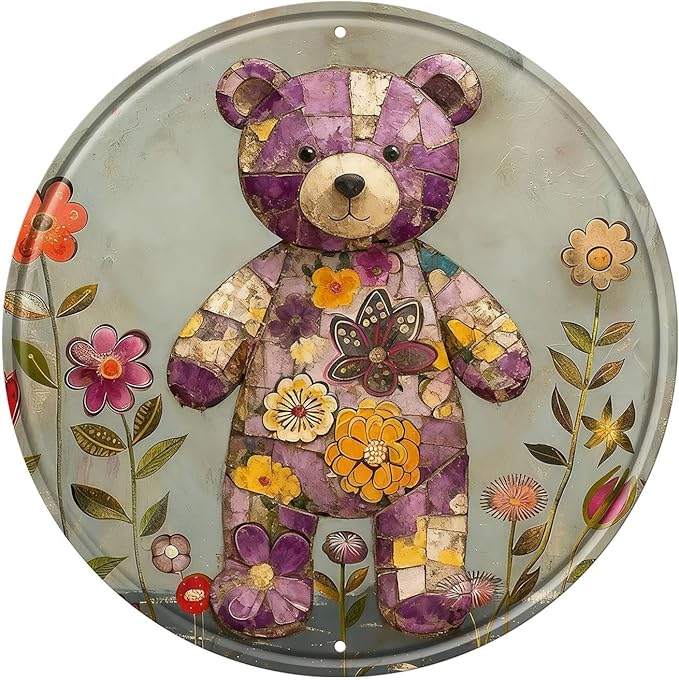 Bear Round Metal Tin Sign Wreath Farm Flowers Rustic Vintage Wall Art Decor for Home Garden Porch Yard Farmhouse Outdoor Decor 12x12inch