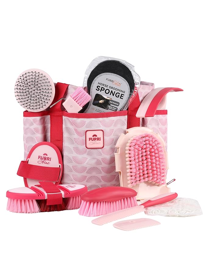 11-Piece Professional Horse Grooming Kit with Waterproof Tote Bag, Non-Slip Silicone Grip Brush Set, Curry Comb, Hoof Pick & Mane Comb Pink Garnet
