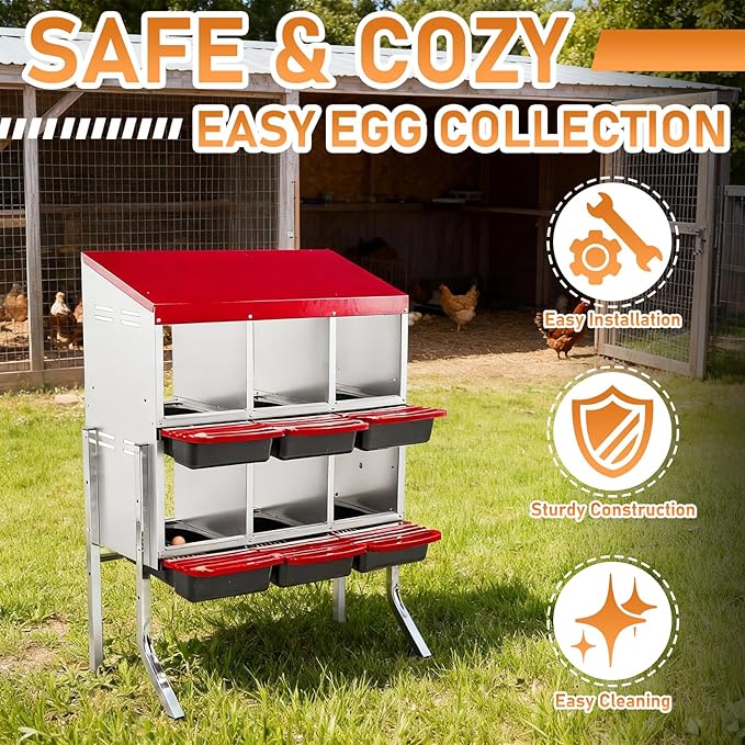 Outvita Chicken Nesting Boxes, 6 Compartments Metal Nesting Boxes for Chickens with Metal Legs, Wall/Floor Mount for Laying Eggs with Swing Perch and Roll Away Egg Collection for Chicken Coop, Red