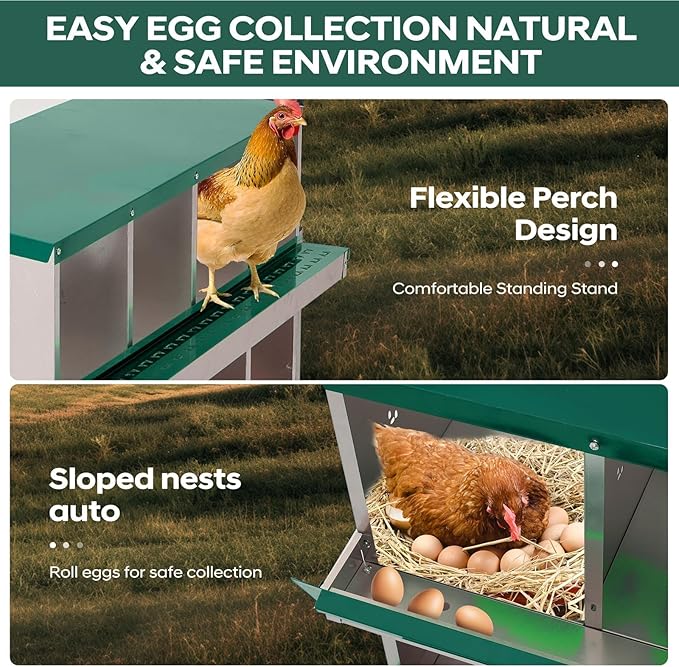 Nesting Boxes for Chickens, 8 Compartments, Nesting Boxes with 4 Dummy Eggs and 10 Dampproof Pets Mats, Green, Stainless Steel, Wall-Mountable & Roll Away Design with Stand