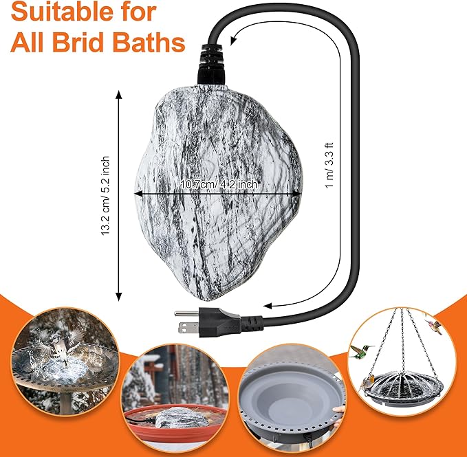 Saillong Bird Bath Deicer Heated Rock, 80W Submersible Utility Decorative De Icer, Thermostatic Controlled Winter Water Heater with Aluminum Base for Outdoor Bird, Chicken, Duck(1 Pack,White)