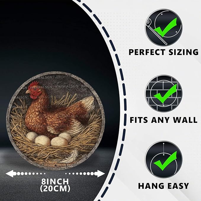 Vintage Chicken Hen Rooster Round Metal Sign Retro Chicken Lovers Tin Sign Nostalgic Rustic Wall Decor Kitchen Yard Fence Door Outside Farmhouse Coop Poultry House 8 * 8 In