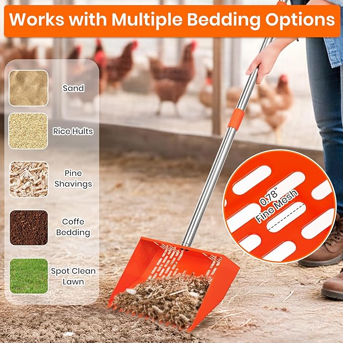 2-in-1 Chicken Poop Scooper & Rake Chicken Coop Scooper for Sand, with Adjustable Long Handle, Sifting Shovel, Chicken Scooper for Poop, Metal, Safety Orange