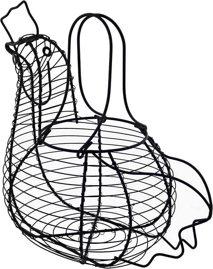 Rural365 Chicken Egg Basket - Chicken Shaped Decorative Black Metal Wire Basket Farm Style Kitchen Egg Collecting Basket