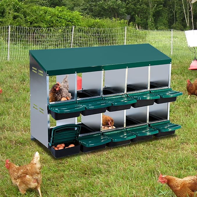 Chicken Nesting Box, 10-Hole Metal Wall Mount Chicken Laying Boxes with Legs and Lid Cover, Easy to Assemble, Roll-Away Egg Design Nesting Boxes for Outdoor Chicken Coop & Farm Yard, Green