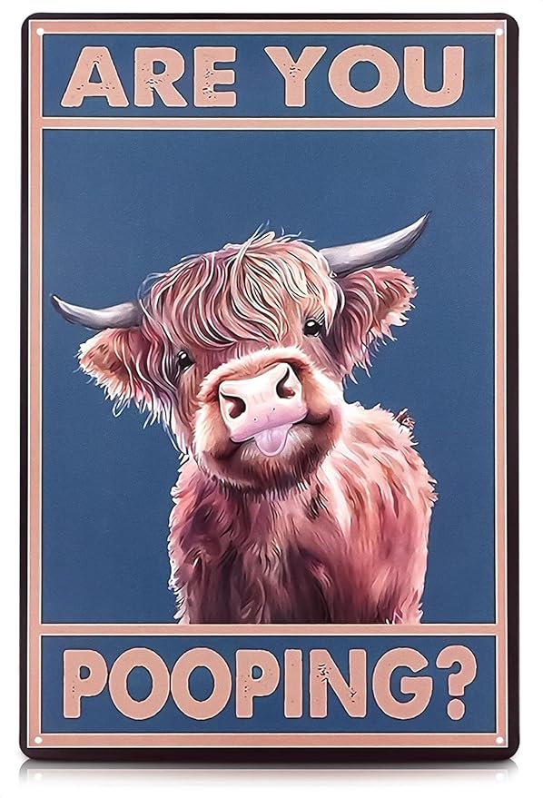 Are You Pooping Highland Cow Sign - Funny Bathroom Decor Metal Sign with Anti-Rust Coating 12x8 Inch - Highland Cow Decor for Home, Metal Wall Plaque for Toilet, Tin Wall Art – Farmhouse Funny Bathroom Art