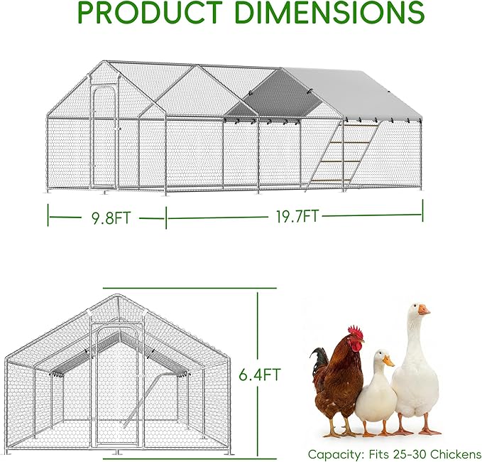Large Metal Chicken Coop with Roosting Perch, Waterproof and UV-Resistant Cover,Outdoor Walk-in Cage Hen House for Yard Farm Rabbit Duck Chicken Run with Spire Roof (10'W x 19.7'L x 6.4'H)