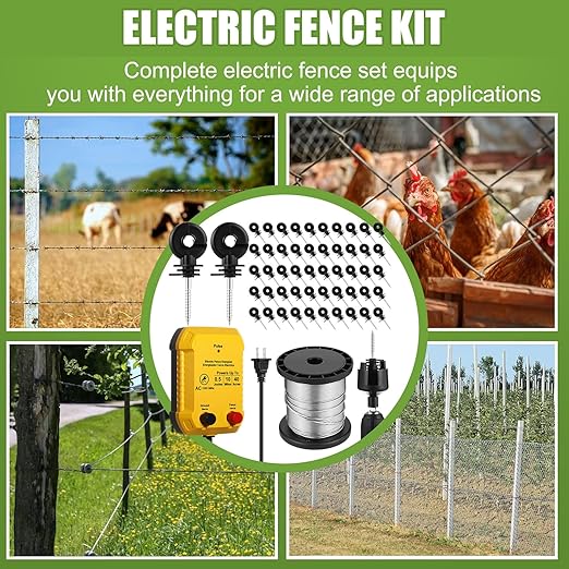 Electric Fence for Preventing Animals Intruding 2 Mile 110VAC 0.5 Joule Electric Plug in Fence, 50 Black Insulator and 1 Socket Tool 250ft Aluminum Wire for Animals and Keep Out Predators